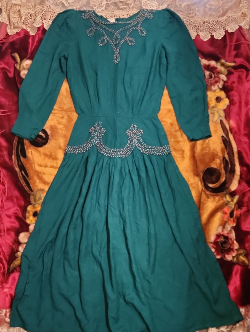 Vintage GEM! 💎 Teal Long-Sleeve Embellished Midi Dress
